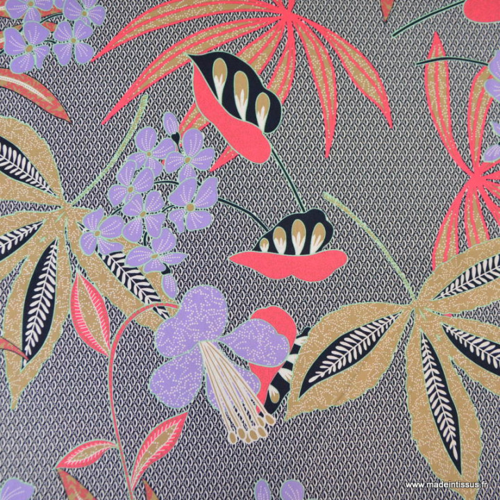 Satin de coton stretch – Motif floral tropical noir, rouge et violet