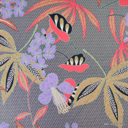 Satin de coton stretch – Motif floral tropical noir, rouge et violet
