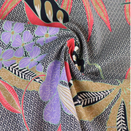 Satin de coton stretch – Motif floral tropical noir, rouge et violet