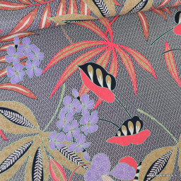 Satin de coton stretch – Motif floral tropical noir, rouge et violet