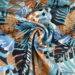 Tissu Satin Tropical Exotique – Feuilles Bleu Camel Noir
