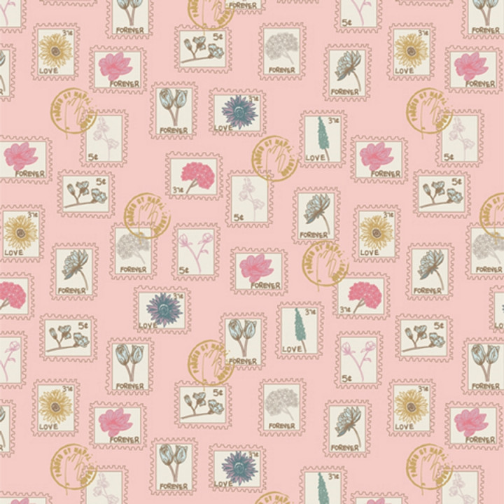 Tissu Art Gallery - motif Timbres fond rose - collection Floral Postage
