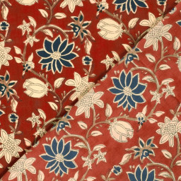 Tissu voile de coton indien Chandra Bagh – fond rouge & fleurs indigo