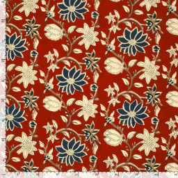 Tissu voile de coton indien Chandra Bagh – fond rouge & fleurs indigo