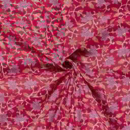 Tissu indien en voile de coton – Motif floral "Lakshmi" rose fuchsia
