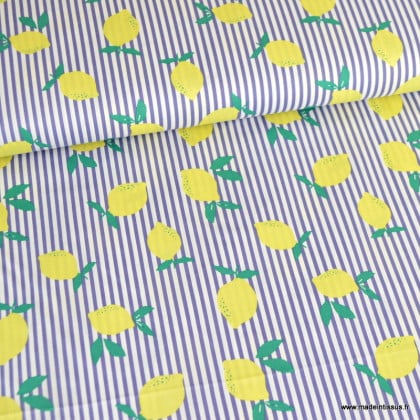 Popeline stretch à rayures motif citrons