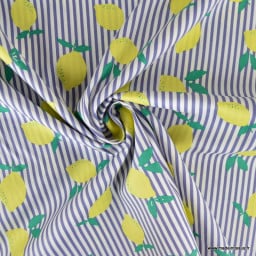 Popeline stretch à rayures motif citrons