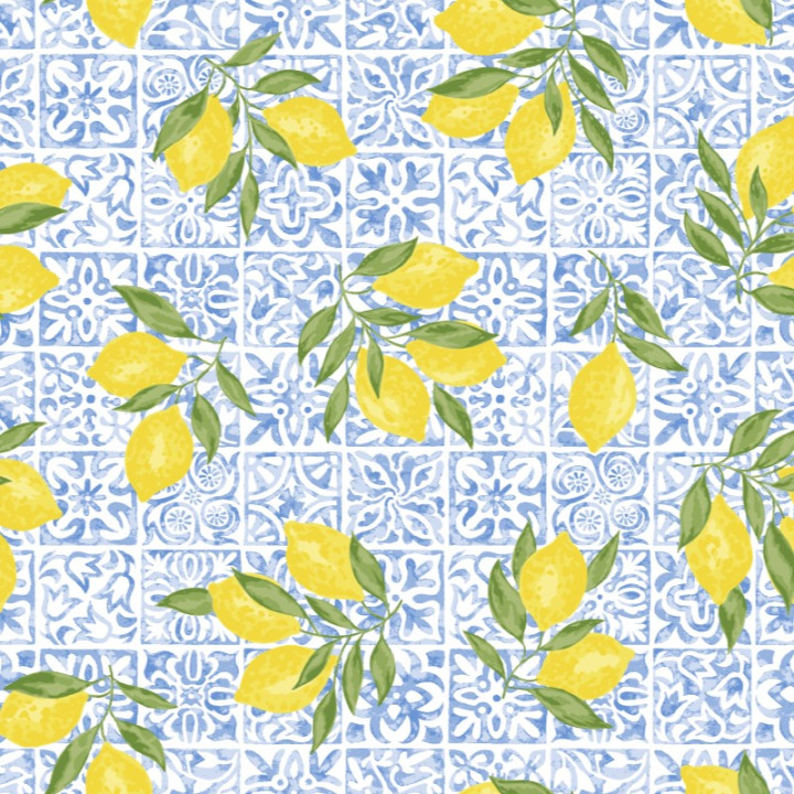 Tissu Coton Algarve – Motif Citrons & Carreaux de Ciment Bleu