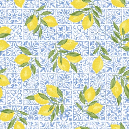Tissu Coton Algarve – Motif Citrons & Carreaux de Ciment Bleu