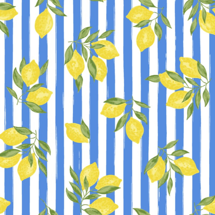 Tissu Cretonne Coton Etna – Citrons Jaunes sur Rayures Bleues