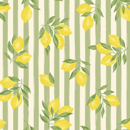 Tissu Cretonne Coton Etna – Citrons Jaunes sur Rayures Amande