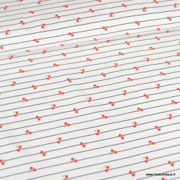 Tissu jersey à rayures bleues et cerises - OEKO TEX