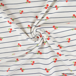 Tissu jersey à rayures bleues et cerises - OEKO TEX