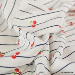 Tissu jersey à rayures bleues et cerises - OEKO TEX