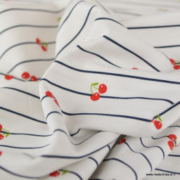 Tissu jersey à rayures bleues et cerises - OEKO TEX