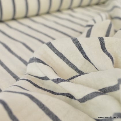 Tissu double gaze marinière - Ecru et marine