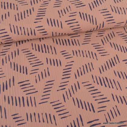 Tissu Double Gaze Coton – Motif Graphique Indigo sur Fond Cassonade
