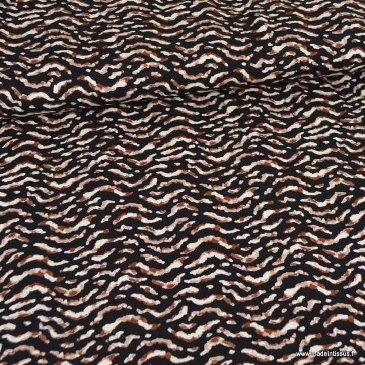 Tissu Jersey de Viscose – Imprimé Zèbre Marron & Écru sur Fond Noir