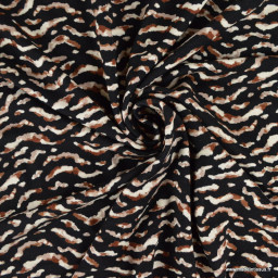 Tissu Jersey de Viscose – Imprimé Zèbre Marron & Écru sur Fond Noir