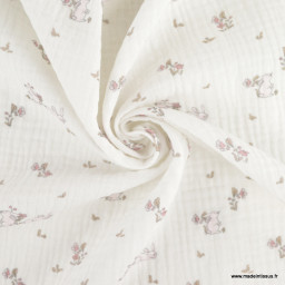 Tissu Double Gaze Bio – Motif Lapins Roses & Fleurs