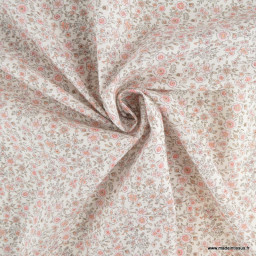 Tissu Popeline de Coton Bio – Fleurs Roses & Beige – Oeko-Tex