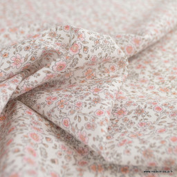Tissu Popeline de Coton Bio – Fleurs Roses & Beige – Oeko-Tex