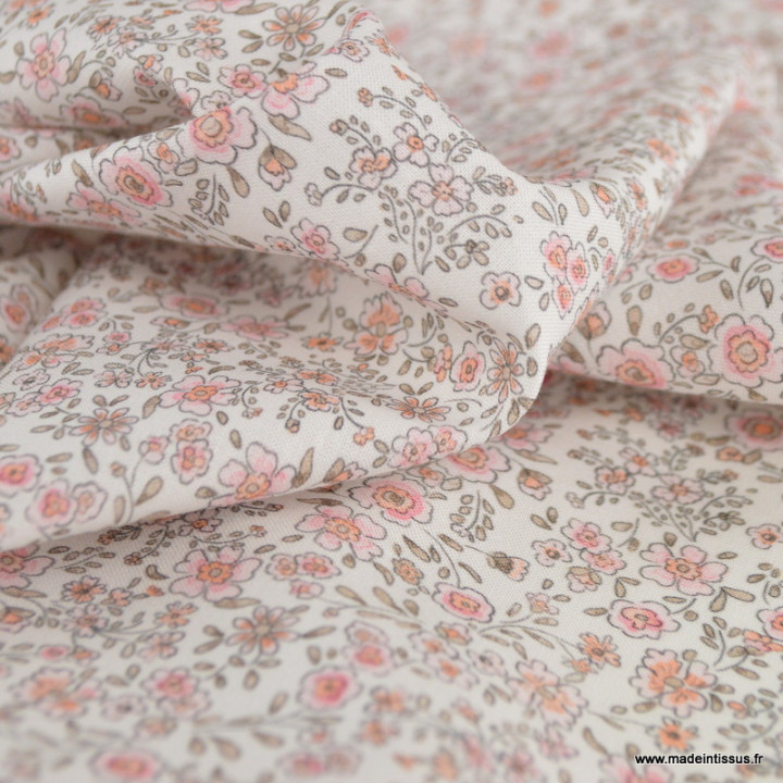 Tissu Popeline de Coton Bio – Fleurs Roses & Beige – Oeko-Tex