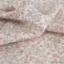 Tissu Popeline de Coton Bio – Fleurs Roses & Beige – Oeko-Tex