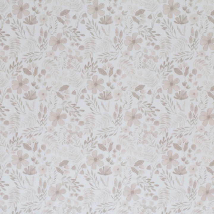 Tissu popeline Ernestine fleurs beige fond blanc
