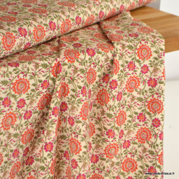 Tissu popeline de viscose écovero motif fleurs fond écru
