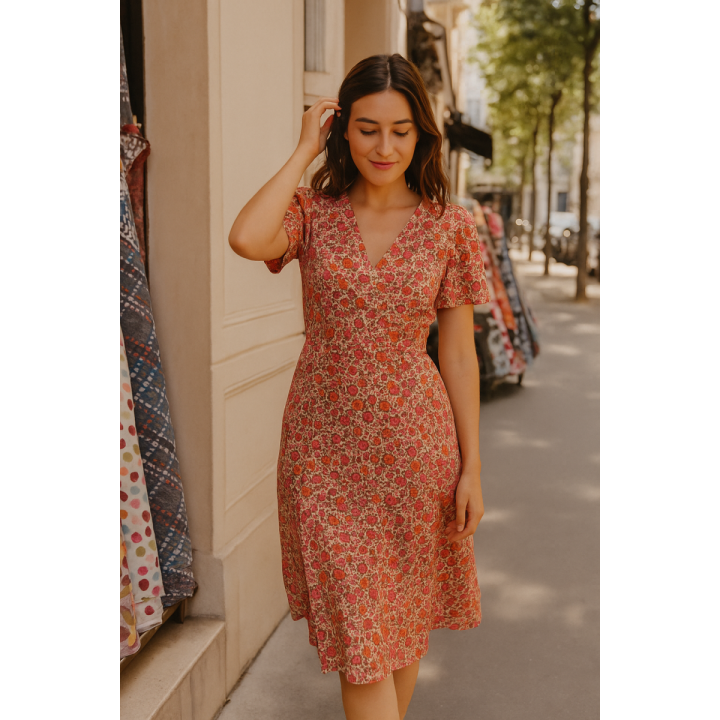 Tissu popeline de viscose écovero motif fleurs fond écru