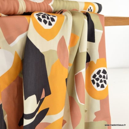 Tissu viscose Ecovero Mona – imprimé graphique moka, ocre et beige