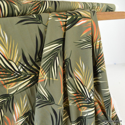 Tissu viscose stretch feuillage exotique – Fond vert kaki