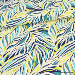 Tissu viscose feuillage palmier jaune et vert – Fond blanc