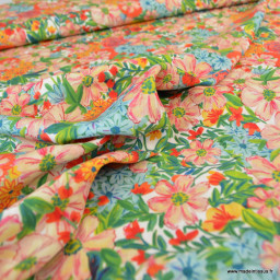 Tissu viscose Ecovero® motif fleurs multicolores sur fond écru