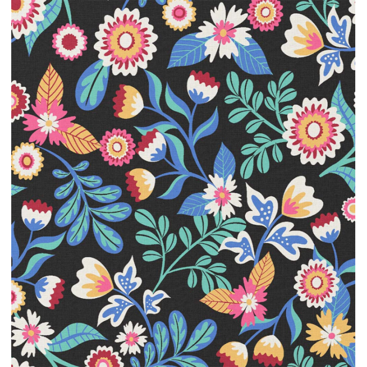 Tissu coton Enduit Kaleria motif fleurs fond noir