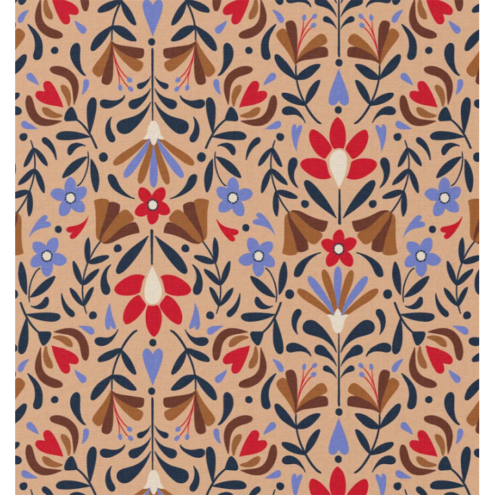 Tissu coton Enduit Lafleur motif fleurs fond beige