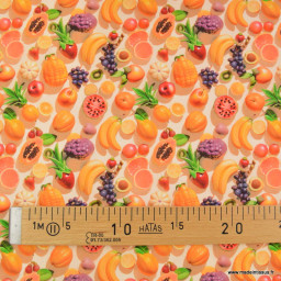 Tissu coton fruits exotiques 3D – Mangue, papaye & agrumes sur fond orange