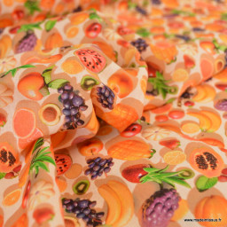 Tissu coton fruits exotiques 3D – Mangue, papaye & agrumes sur fond orange