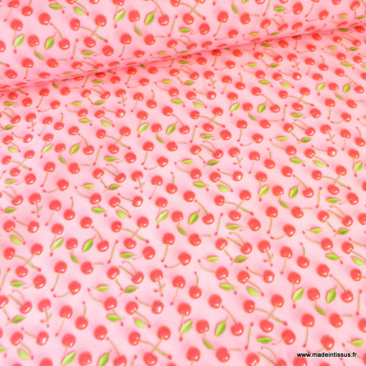 Tissu coton enduit motif cerises 3D – Fond rose pastel