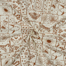 Tissu popeline de coton Poppy – motif ésotérique Solena – fond blanc cassé