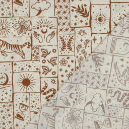 Tissu popeline de coton Poppy – motif ésotérique Solena – fond blanc cassé