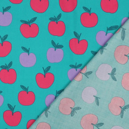 Popeline Poppy motif Pommes fond Turquoise