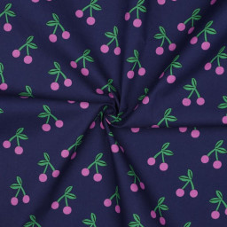 Tissu coton Enduit motifs cerises fond bleu marine