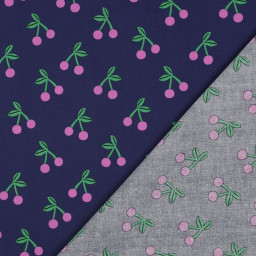 Tissu coton Enduit motifs cerises fond bleu marine