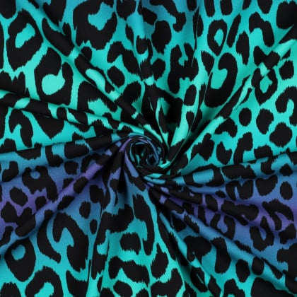 Tissu Sweat French Terry Motif Léopard – Dégradé Bleu Turquoise & Violet
