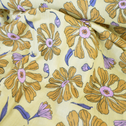 Double gaze Rani motif fleurs fond jaune - oeko tex