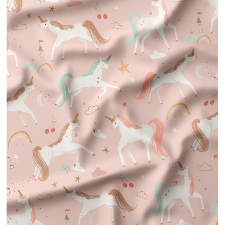 Tissu imperméable Coline type ciré motif licornes fond rose