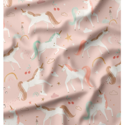 Tissu imperméable Coline type ciré motif licornes fond rose