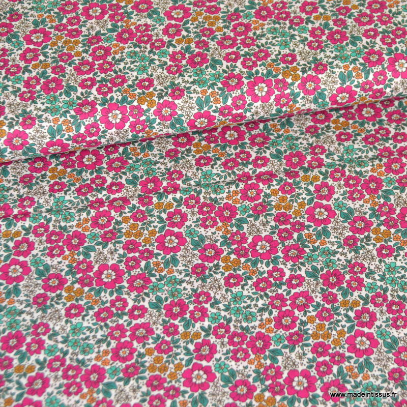 Tissu Coton Popeline Liberty Fleuri - 20 Mètres, Largeur 1.45m, Tons Gris, Jaune, Rose Et Rouge